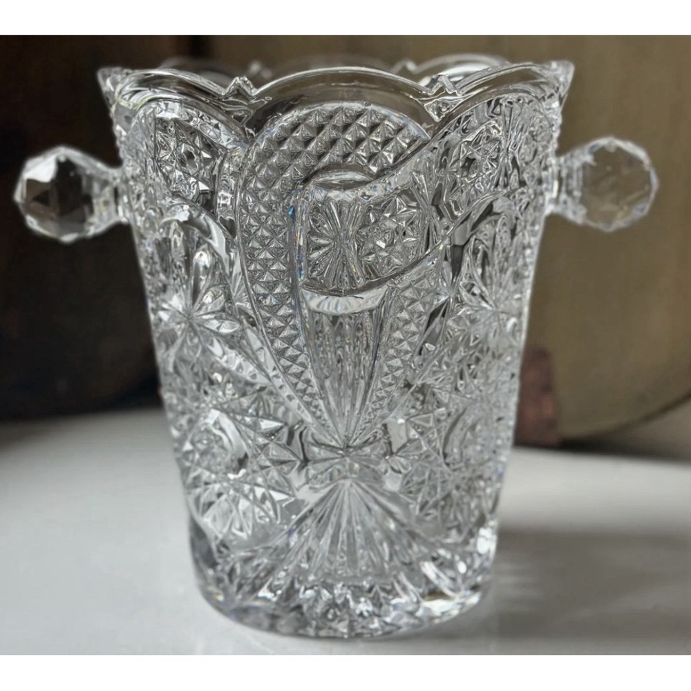 Vintage Bohemian Crystal Glass Ice Bucket Double Handle Scalloped Heavy
